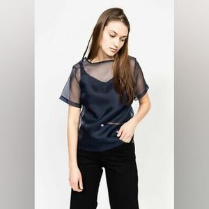 New 6 Maryam Nassir Zadeh MNZ Sheer Mesh Boxy T Shirt Navy Blue Silk Organza US